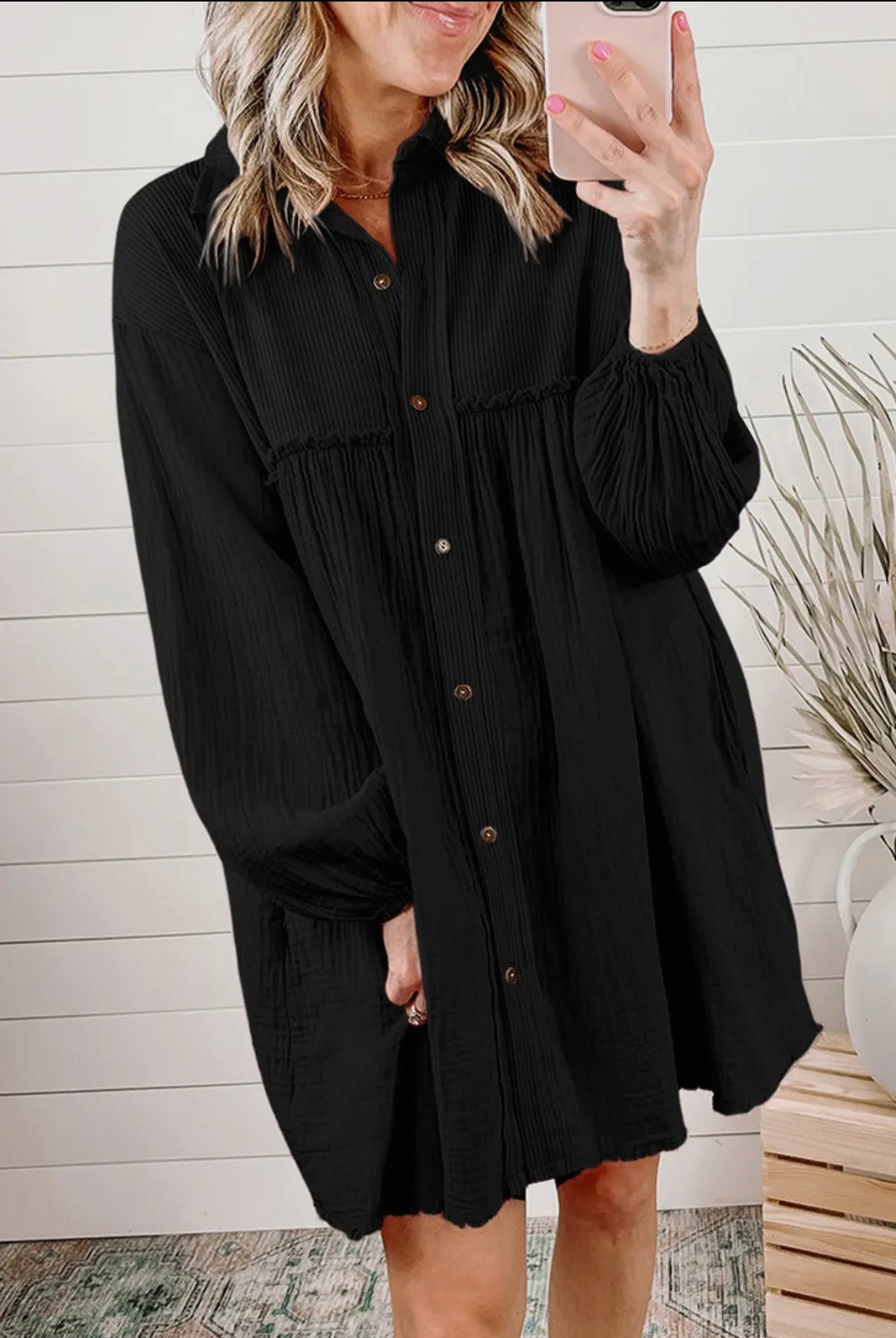 Gauze Puff Sleeve Dress - Black