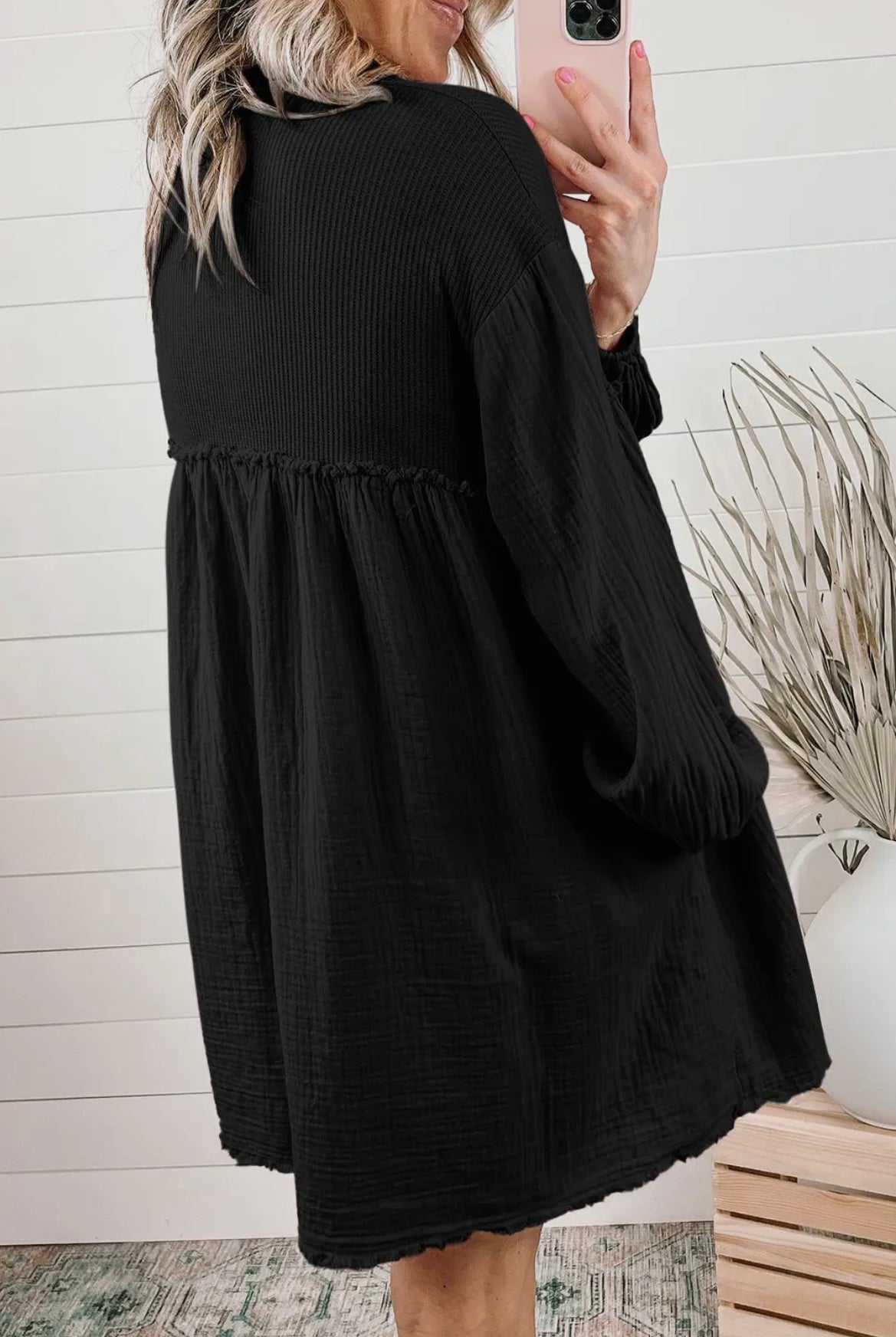 Gauze Puff Sleeve Dress - Black