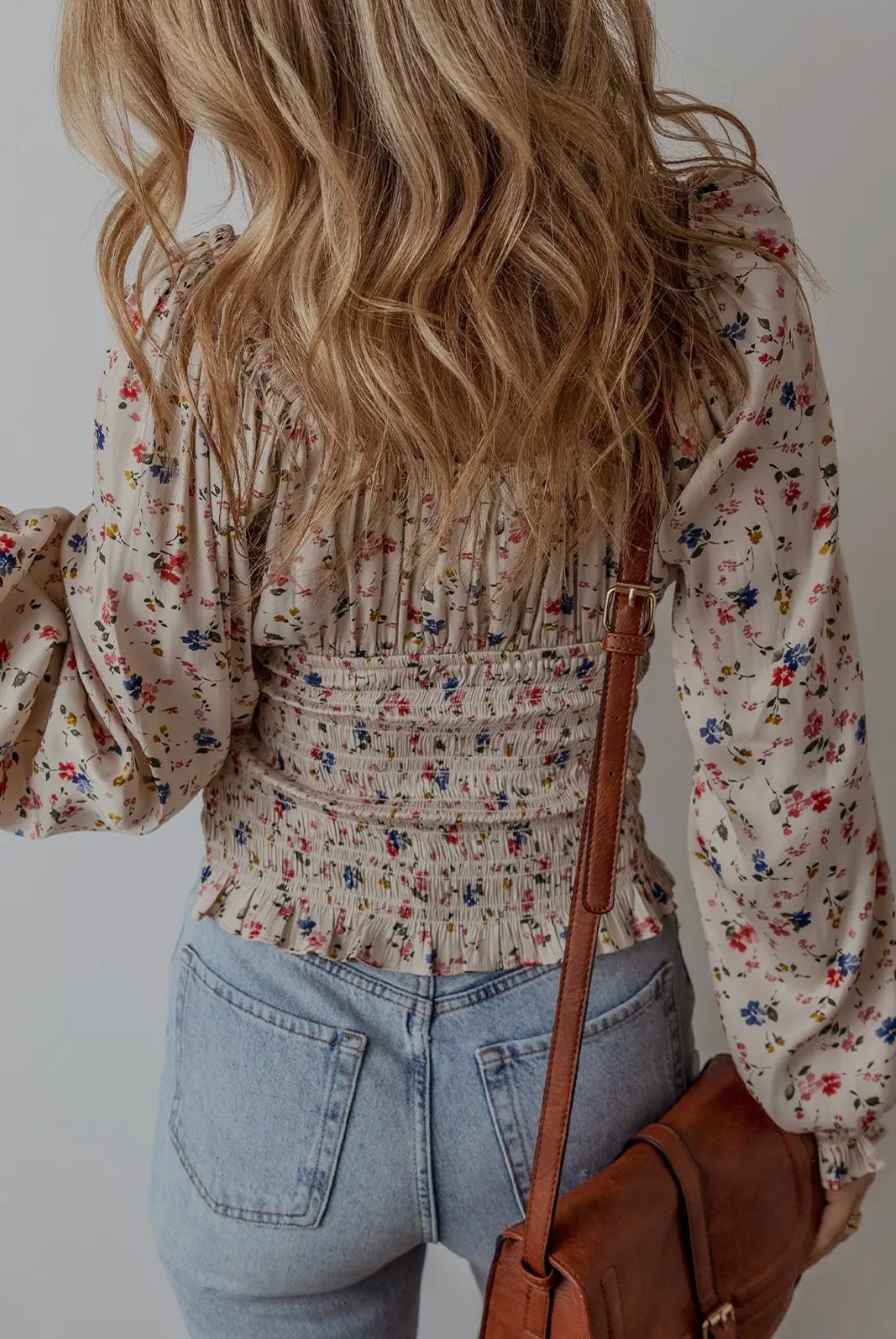 Boho Floral Print Smocked V Neck Peplum Blouse