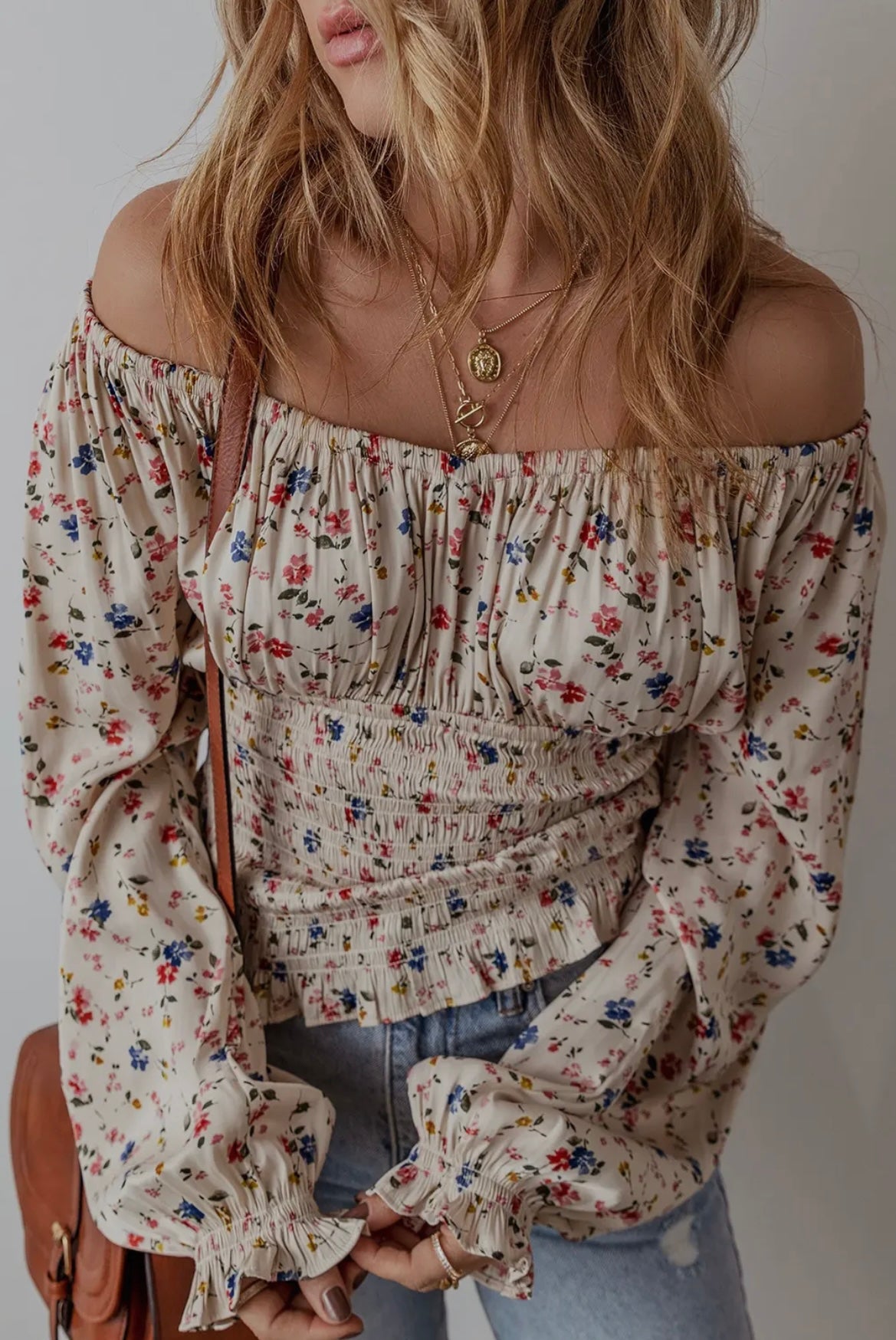 Boho Floral Print Smocked V Neck Peplum Blouse