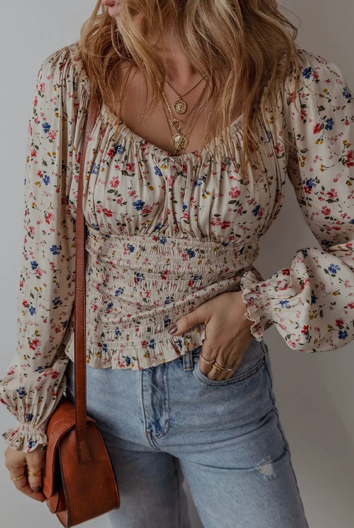 Boho Floral Print Smocked V Neck Peplum Blouse
