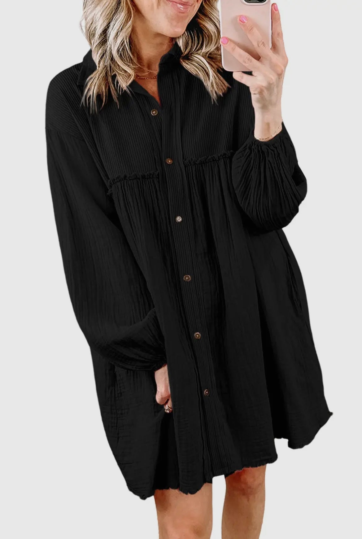 Gauze Puff Sleeve Dress - Black