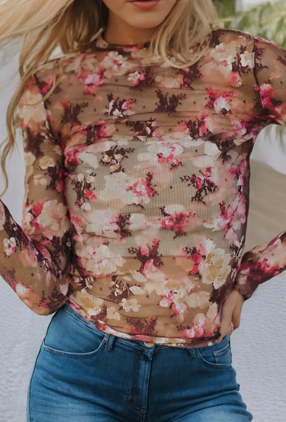 Floral Print Mesh Long Sleeve Top