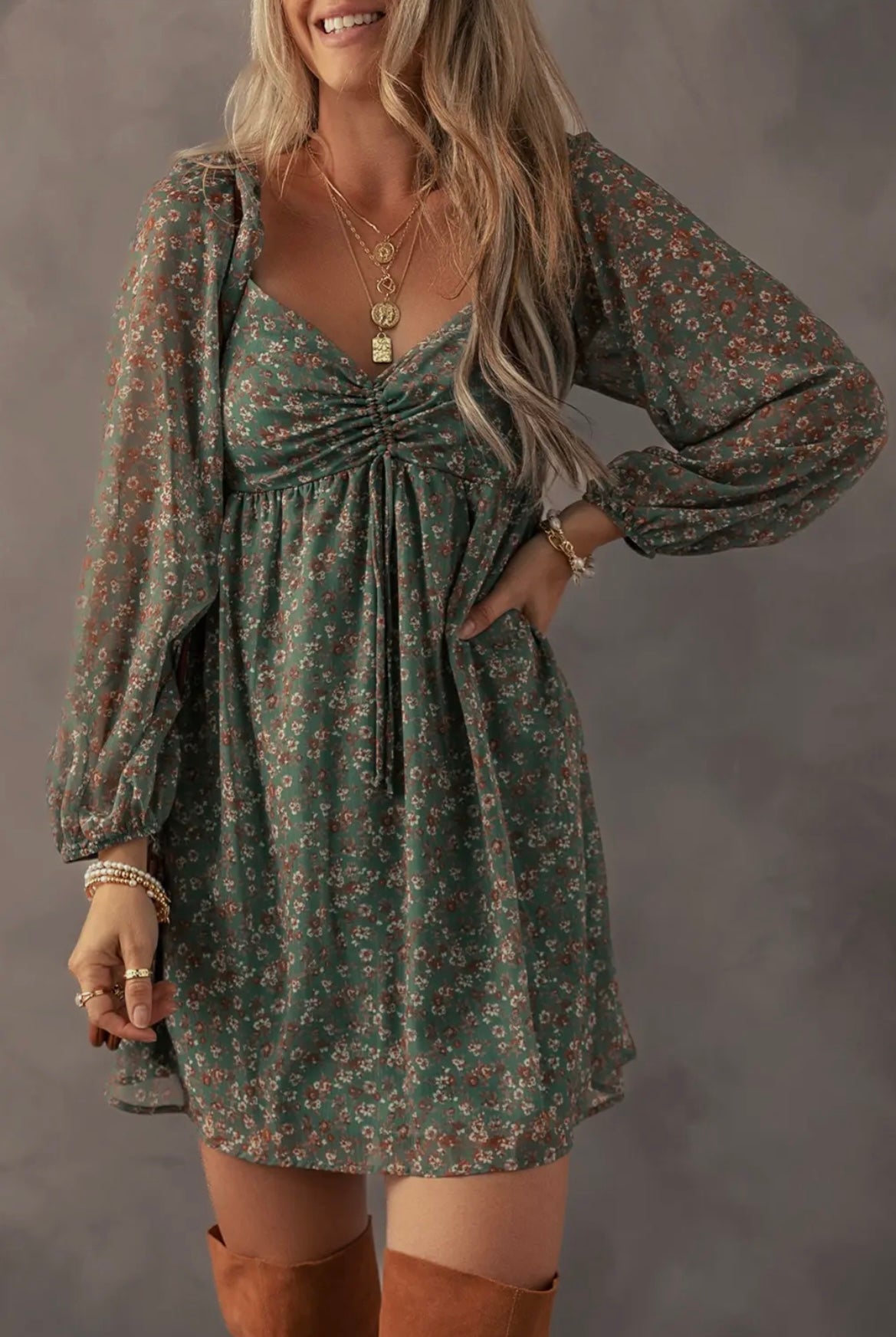 Drawstring Ruched Floral Dress