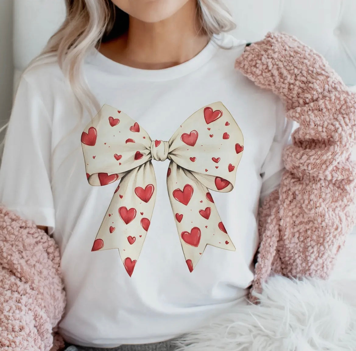 Valentines Red Heart Bow Tee - White