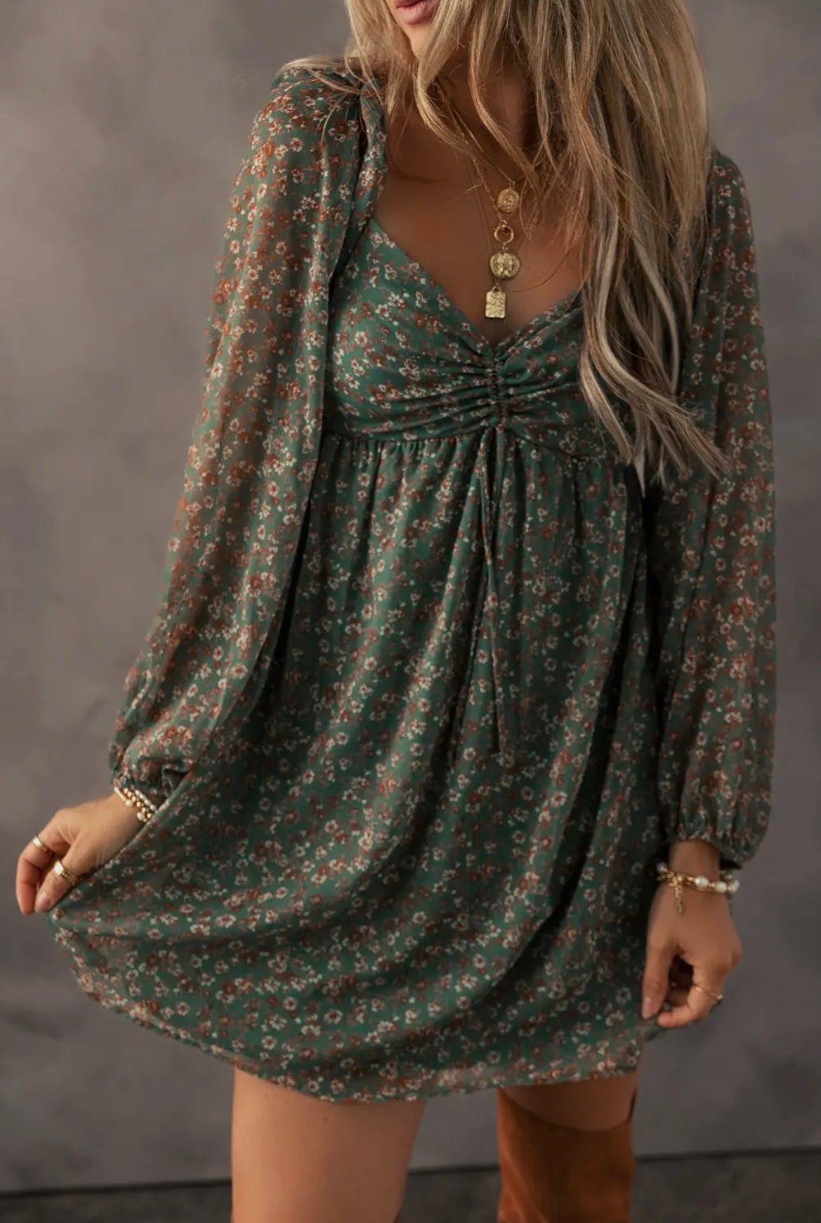 Drawstring Ruched Floral Dress