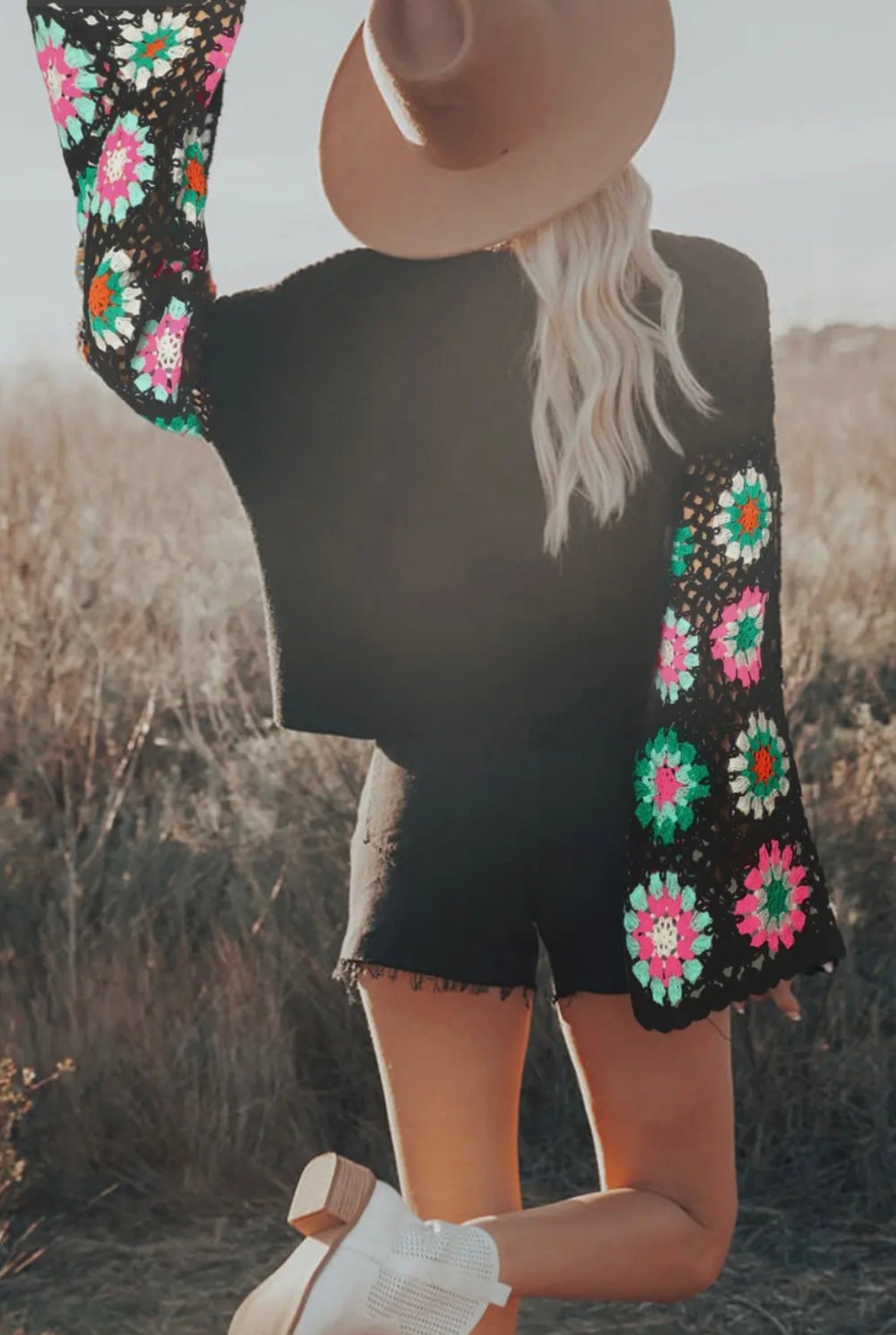 Black Floral Crochet Bell Sleeve Sweater