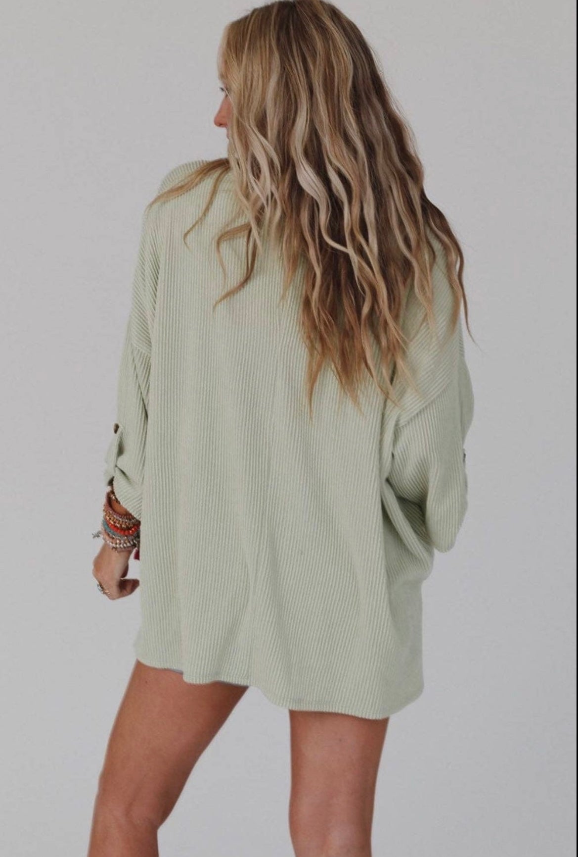 Ribbed Oversized Top with Pocket - Green