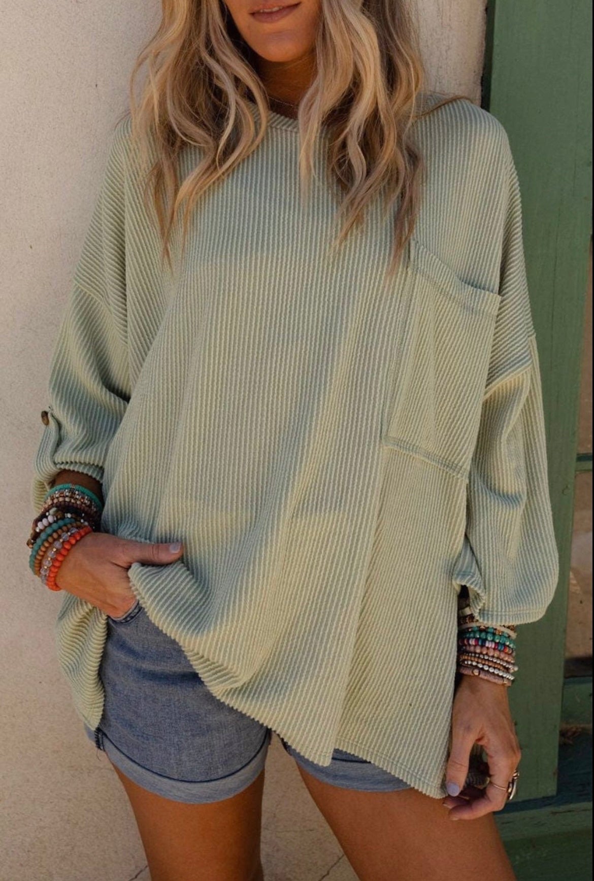 Ribbed Oversized Top with Pocket - Green