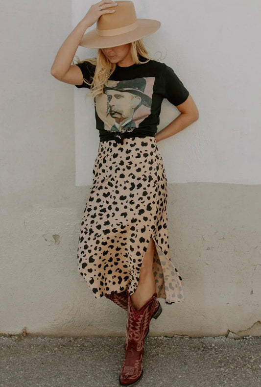 Khaki Leopard Midi Skirt