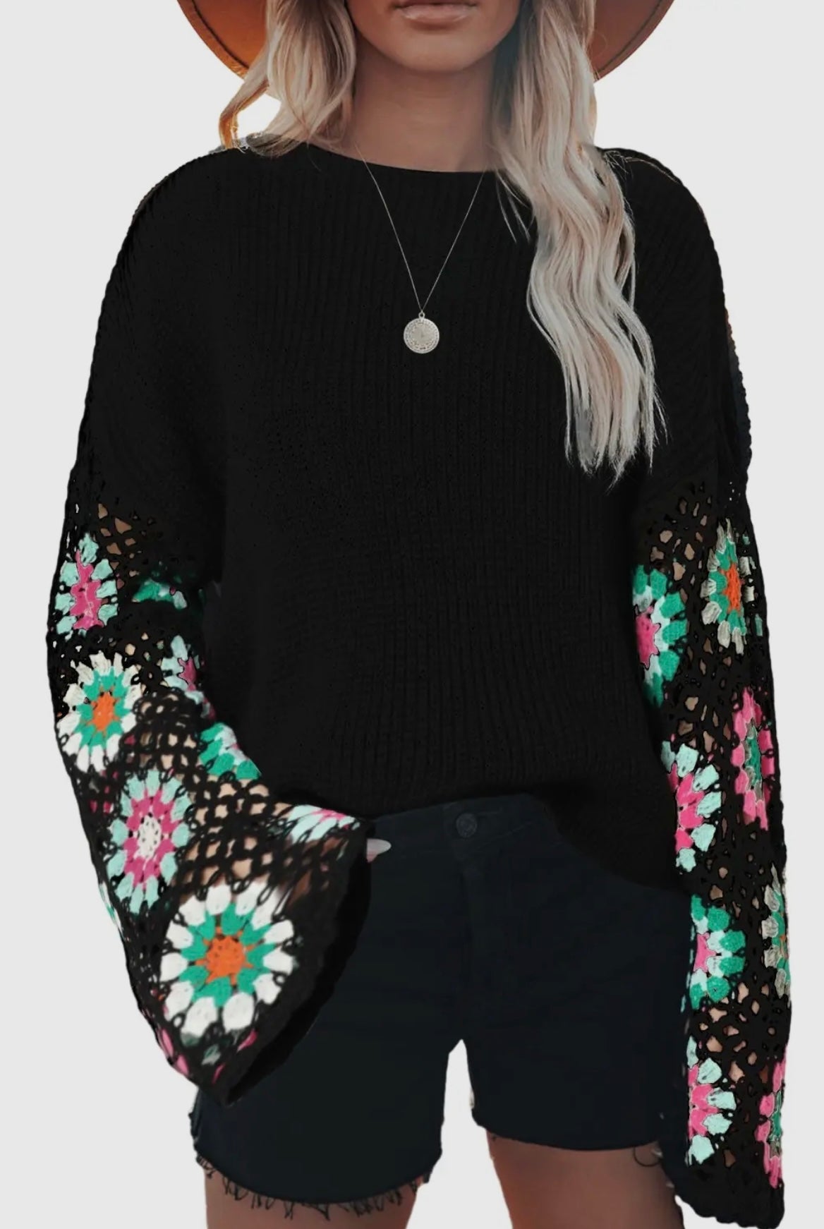 Black Floral Crochet Bell Sleeve Sweater