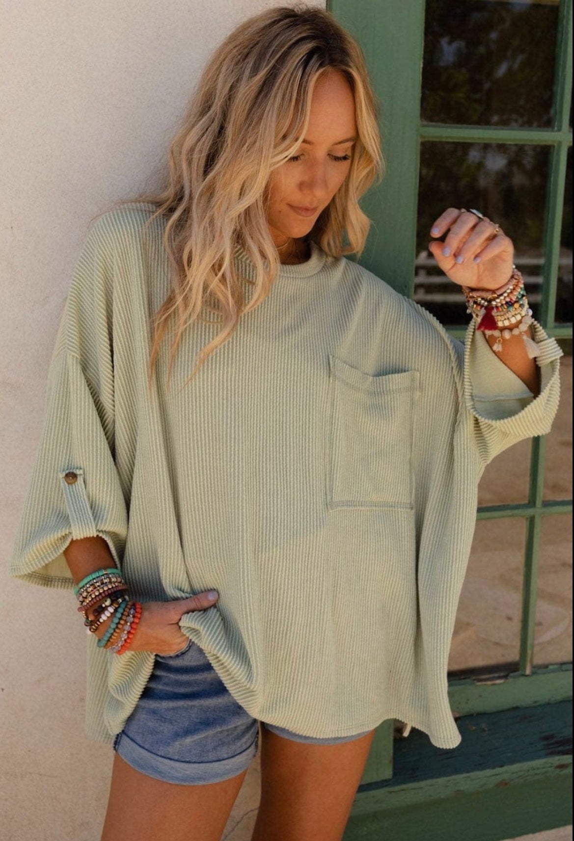 Ribbed Oversized Top with Pocket - Green