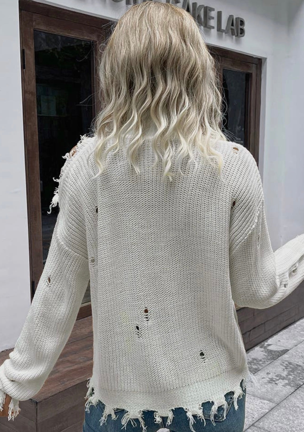 White Distressed Turtleneck sweater