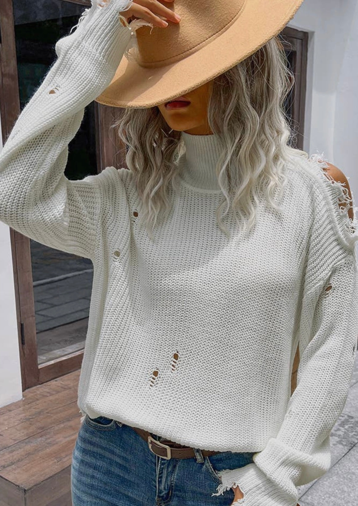 White Distressed Turtleneck sweater