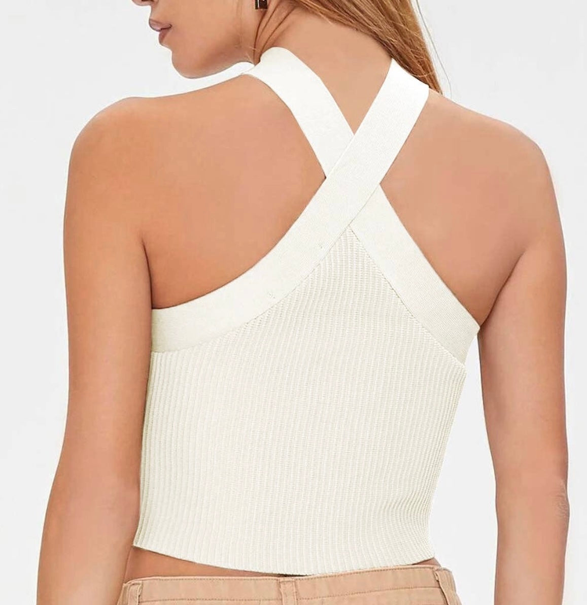 White Ribbed Knit Criss Cross Halter Neck Tank Top